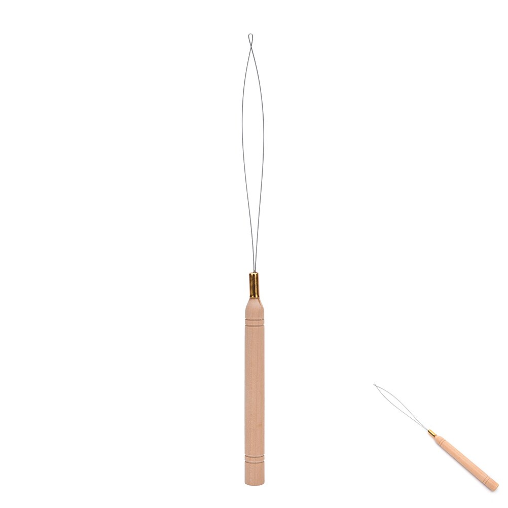 1Pcs Hair Extension Hook Pulling Tool Needle Threader Micro Rings Beads Loop Wooden Handle