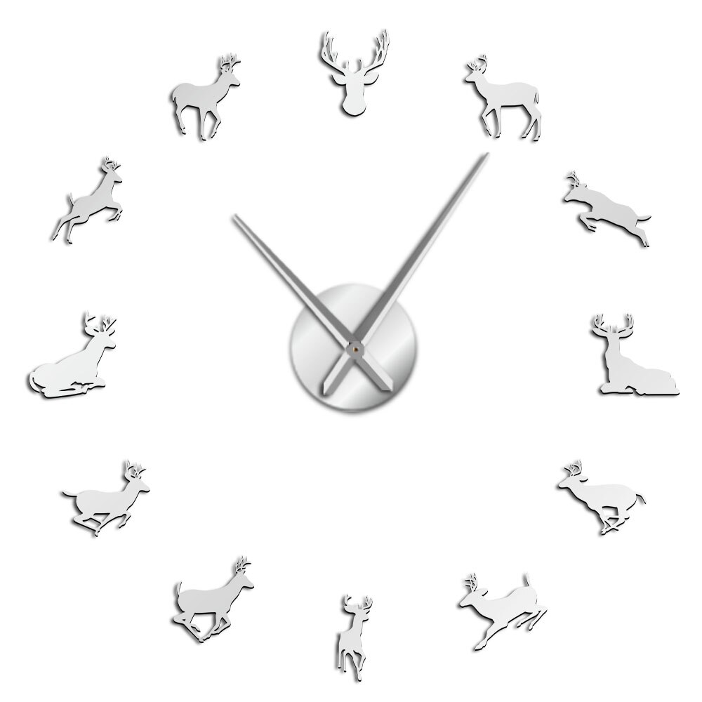 Horloge murale géante en acrylique, tête de cerf, bricolage, moderne, effet miroir, décorations pour la maison: Silver / 37 Inch