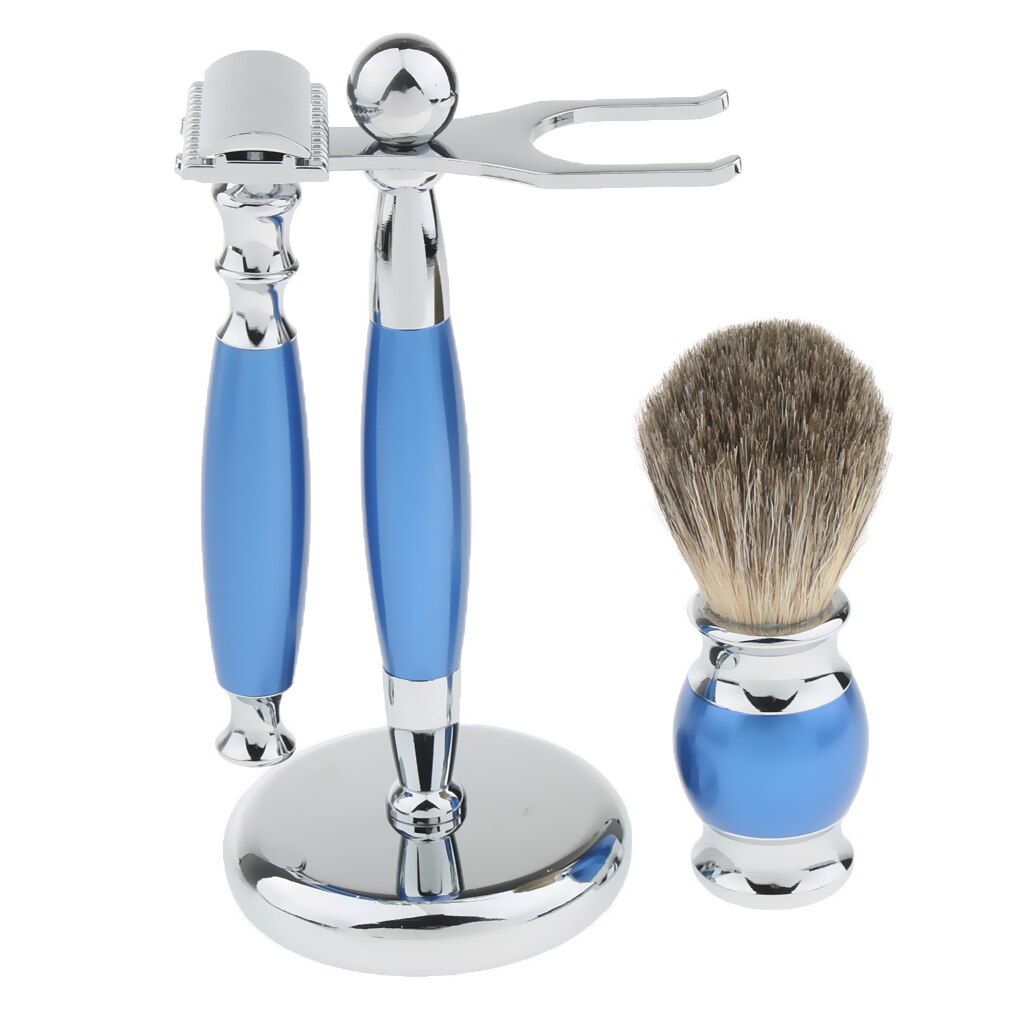 Traditional Luxury Grooming Shaving Set For Men - Including Double-sided Razors, Shave Brush, Alloy Stand Holder - Blue