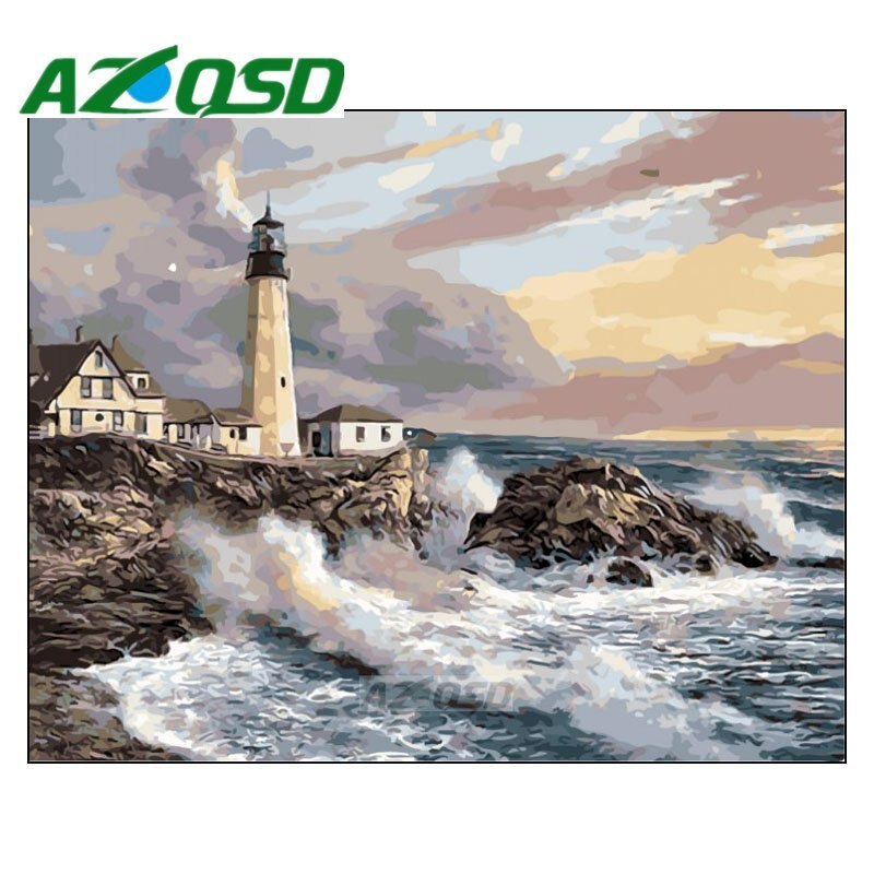 AZQSD Paint By Numbers Landscape Home Decor Acrylic Modular Digital Oil Painting Seaside Lighthouse Wall Art Frameless szyh160: 160