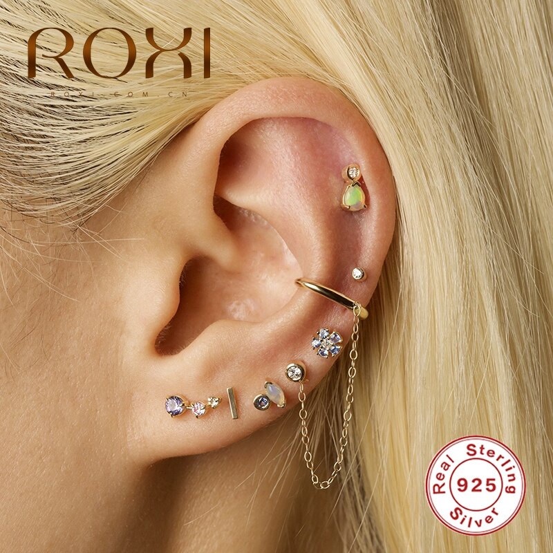 ROXI Color dorado zirconia cristal roscado Piercing oreja Stud pendientes para mujeres Simple oreja Cuff Clip en pendiente plata 925 joyería