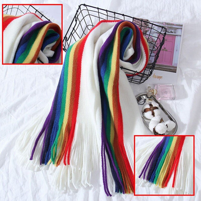 Chal bufanda de gran tamaño a rayas LGBT arco iris para mujer con borlas envolturas de Manta abrigadas de invierno 190*40cm