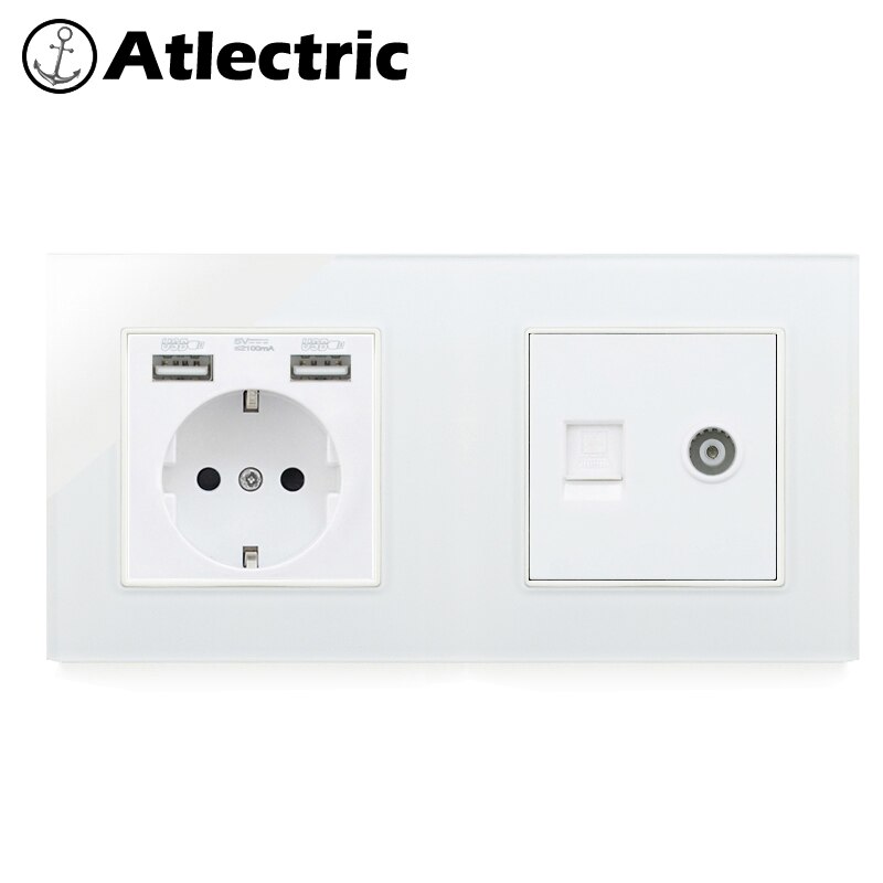 Atlectric de eu stik vægstik dobbelt usb , rj45,  tv port dobbelt stik stik stikkontakt glas panel led indikator