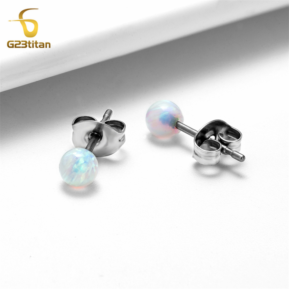 1 par de pendientes de ópalo de fuego, joyería hipoalergénica de titanio para Piercing en la oreja, pendientes simples de piedra de bola pequeña, accesorios para hombres y mujeres