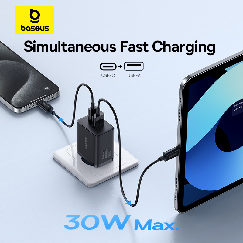 Baseus pd carregador 30w usb tipo c carregador rápido qc3.0 usb c carga rápida 3.0 porta dupla carga de telefone para iphone 15 14 13 12 macbook