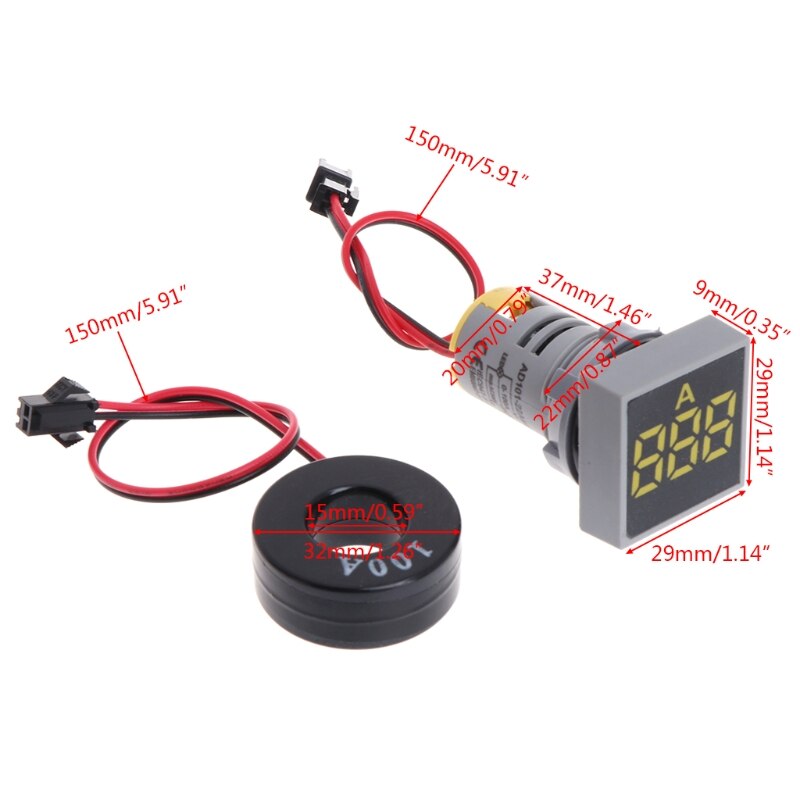 22MM 0-100A Digital Ammeter Current Meter Indicator Led Lamp Square Signal Light AC 220V