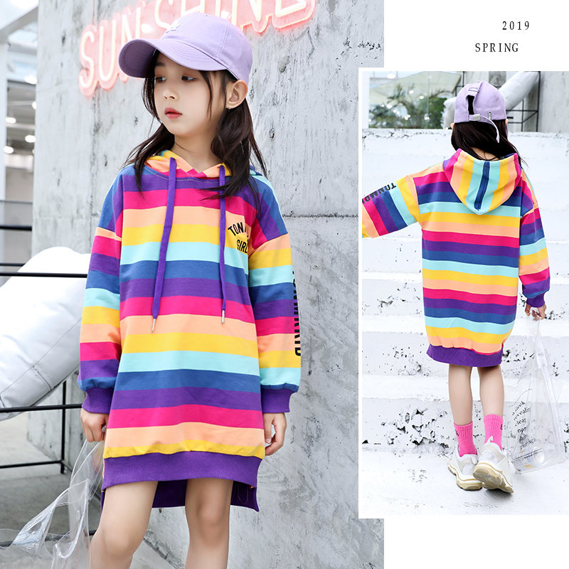 Regenboog T-shirt Voor Meisjes Kids Kleding Mode Lange Jurk Stijl Koreaanse Tops Lange Mouw Regenboog Brief Sport Hooded outfits
