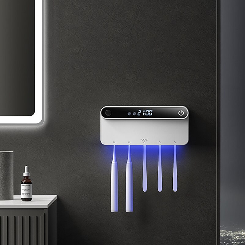 UV Toothbrush Holder Sterilizer Wall Mounted Intelligent Timming Disinfection Toothbrush Disinfectant Holder With LED Displayed: White