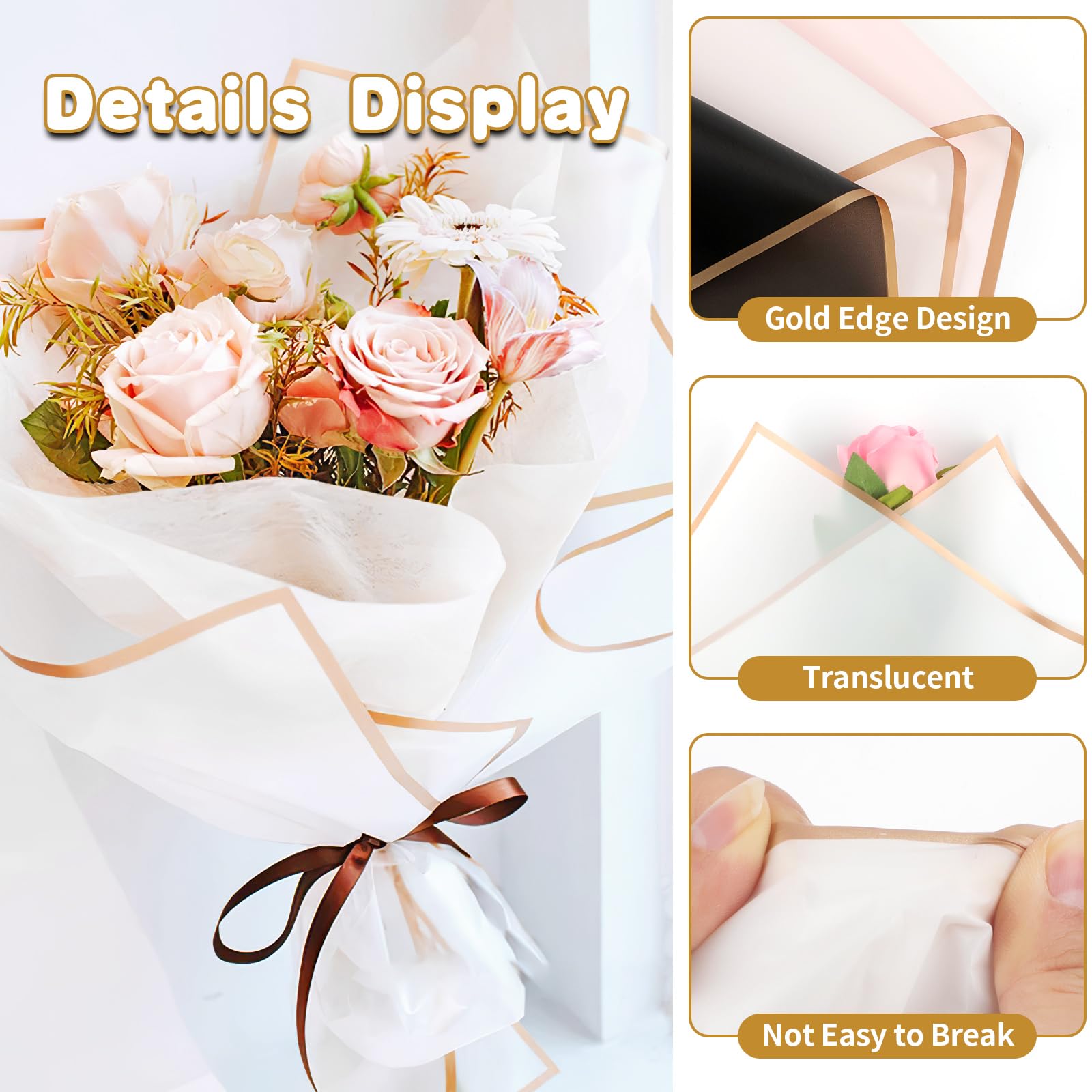 20 hojas de papel de de flores blanco con bordes dorados, impermeable, perfecto para embalaje artesanal de bricolaje, ramo de de boda, boda