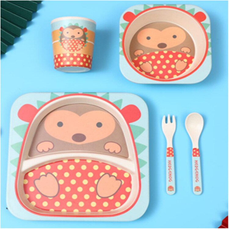 Imebaby5 pièce ensemble bambou vaisselle bambou bol bébé alimentation plaque créative dessin animé enfants bol/tasse/fourchette cuillère coffret: Little hedgehog