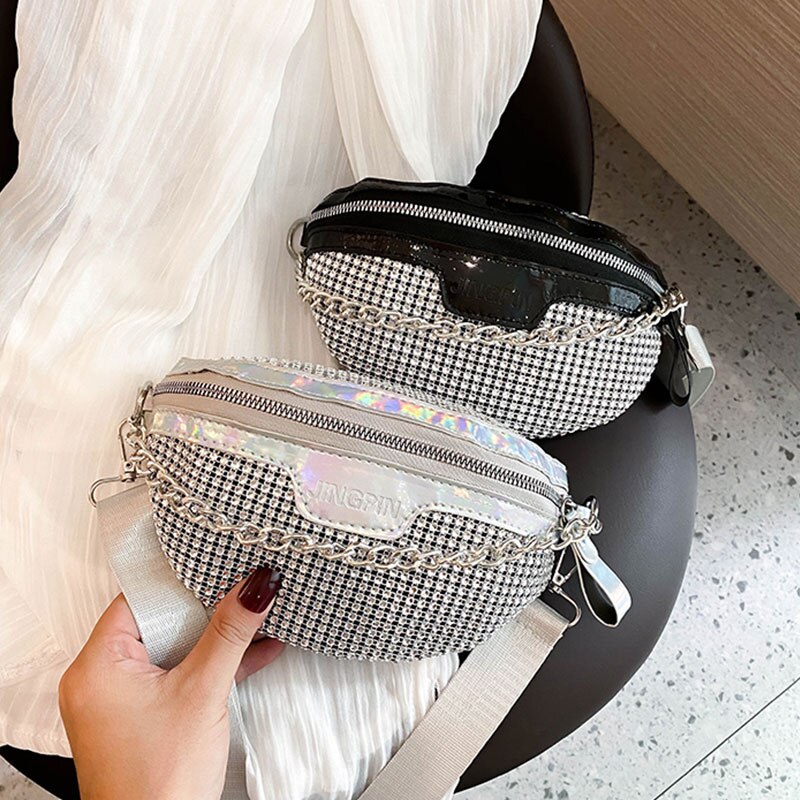 Strass Taille Zakken Vrouwen Zilveren Fanny Pack Vrouwelijke Riem Tas Zwarte Geometrische Taille Packs Glitter Borst Telefoon Pouch