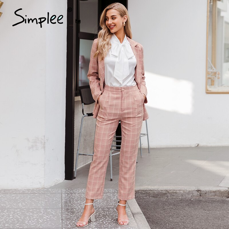 Simplee office lady aprikos höst vinter blazer kostymer rutiga fickor kvinnor set v-hals långärmade uppsättningar