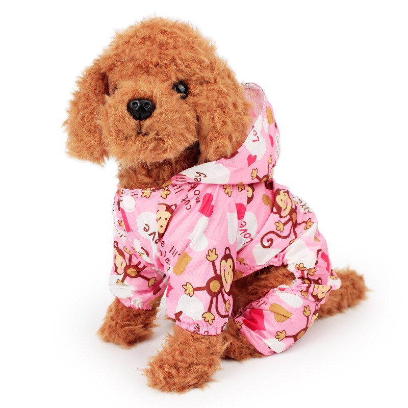 Monkey Printed Dog Raincoat for Small Dogs Waterproof Jumpsuit Puppy Pet Clothes Outdoor Outfits Cartoon Dog Cat Hooded Raincoat: Pink / XS