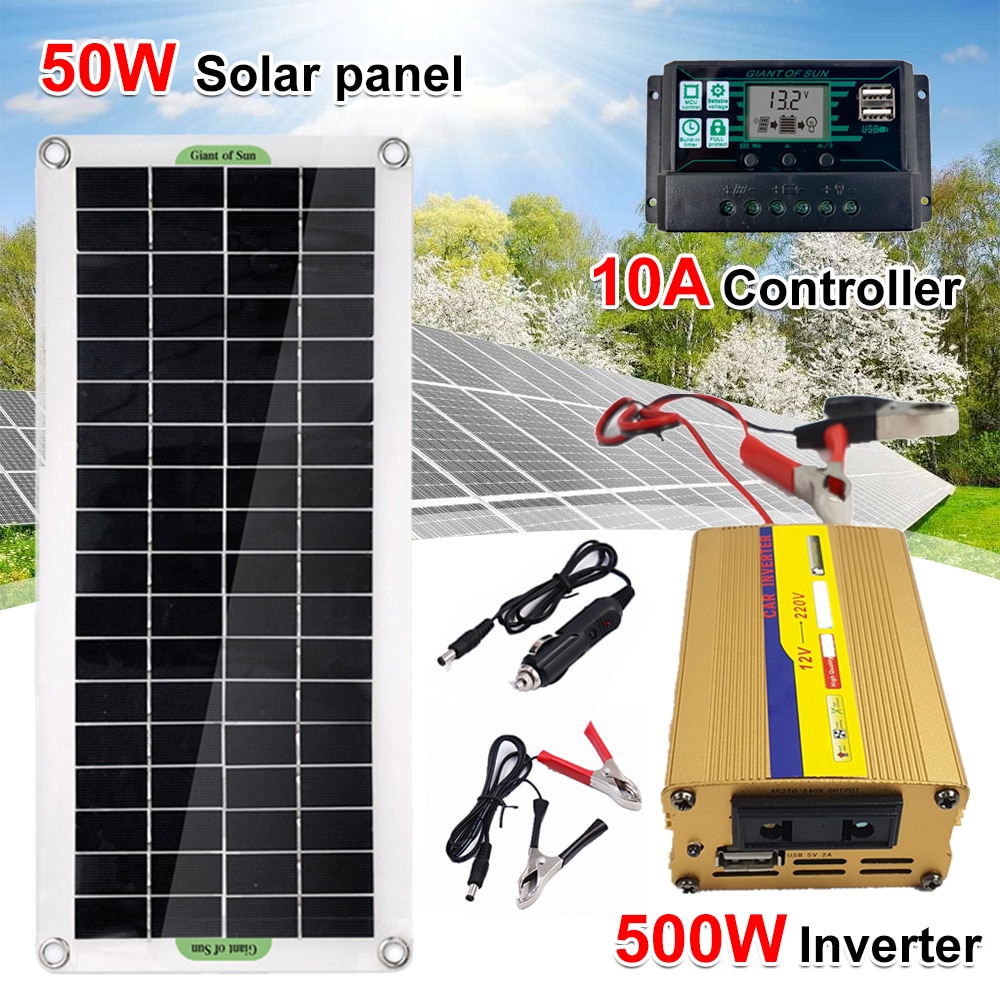 50W Solar Panel Battery Charger Kit Complete 220V Solar Power System 500W Inverter 10A Controller USB for Home Grid Camp Phone