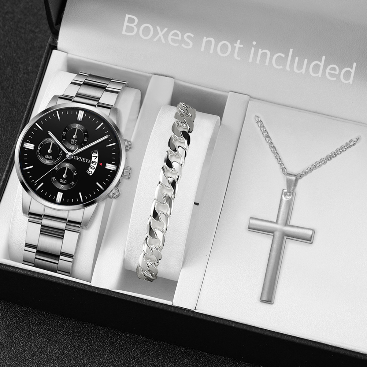 3 unids/set de reloj de pulsera de acero inoxidable a la para hombre, reloj de cuarzo con calendario informal, conjunto de joyería (sin caja)