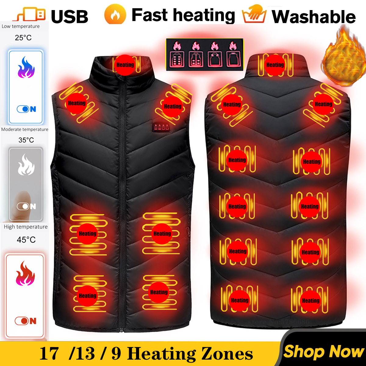 Chaleco calefactable de 17/13 lugares para hombre y mujer, chaqueta con calefacción por Usb, ropa térmica, chaleco de caza, chaqueta calefactora de invierno, BlackS-6XL