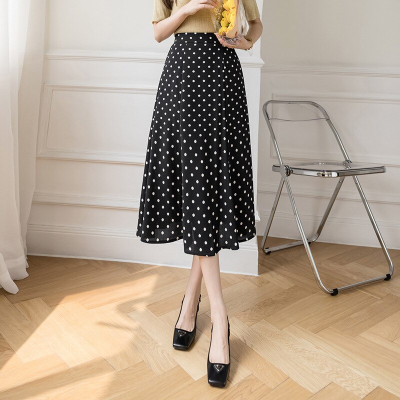 Falda larga con estampado de lunares para mujer, falda larga informal de cintura alta, coreana, para primavera y verano,