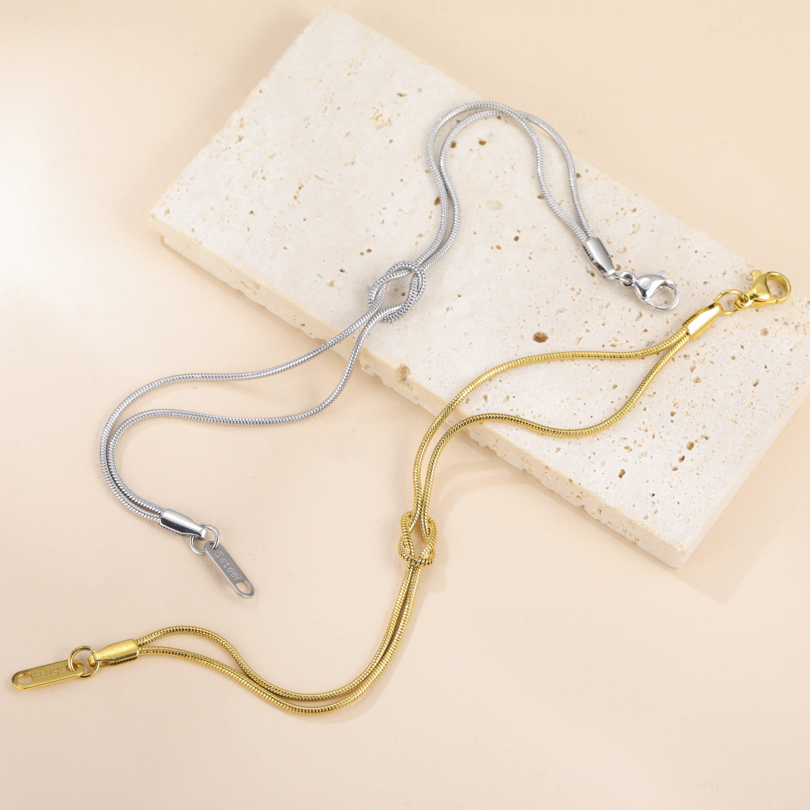 Pulseira Dupla Corrente de Cobra Nó de Amor Aço Inoxidável Cor de Ouro Pulseiras Ajustáveis Mulheres Homens Casal Jóias Minimalistas