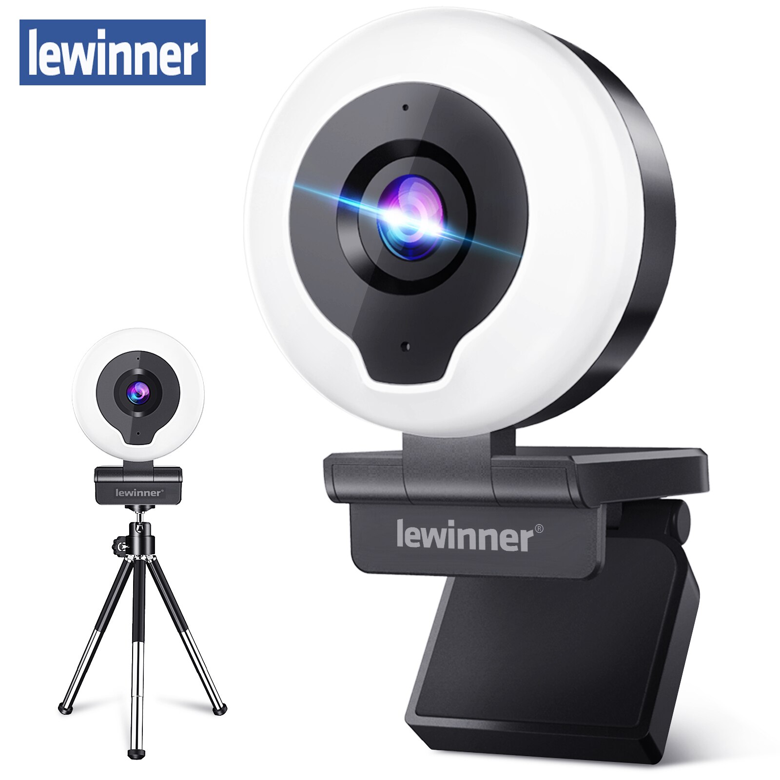 Lewinner 2K Webcam mit Ring Licht & Stativ & Mikrofon, USB Auto Fokus für PC Video Konferenz/Anruf/Lehre/Spielen