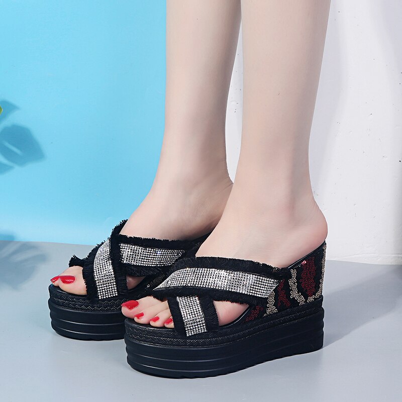 Rimocy Women Wedges Sandals Platform with Crystal Ripped Cross Strap Slippers Summer Super High Heels Slides Shoes Woman