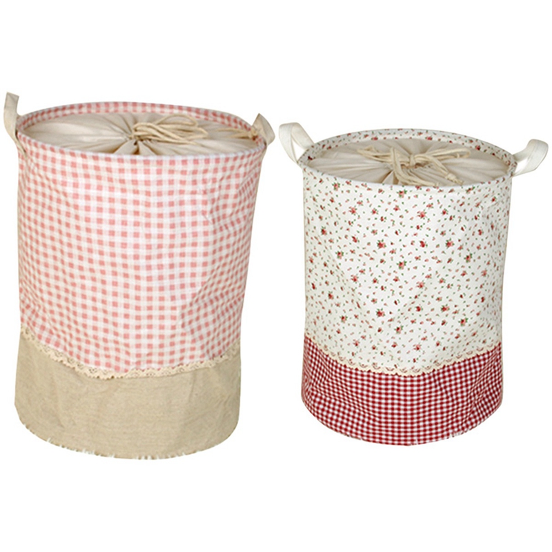 2x Linen Cotton Laundry Basket Dirty Clothes Storage Basket for Large Sundries Boxes Folding Drawstring White & Pink