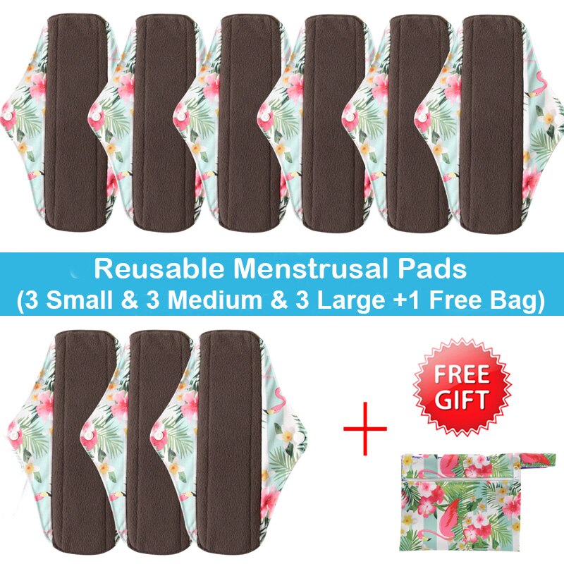 10 stk (3s+4m+3l) genanvendelige bambus kul bind bind menstruationsbind vaskbart trusseindlæg feminin hygiejne barsel med en taske: Wsd 25