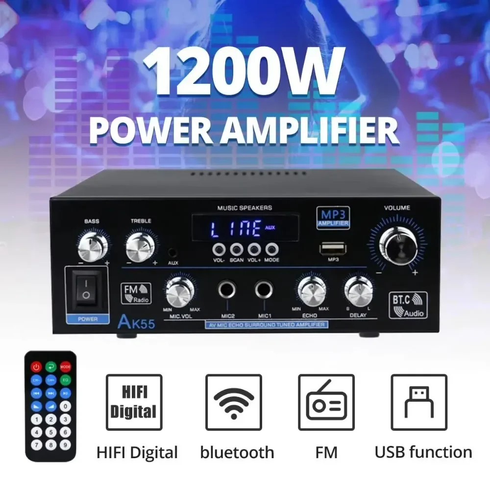 Ulepszony AK55 1200W Mini Hi-Fi cyfrowy kompatybilny z bluetooth 5.0 110-240V bezprzewodowy wzmacniacz mocy do samochodowego domowego audio