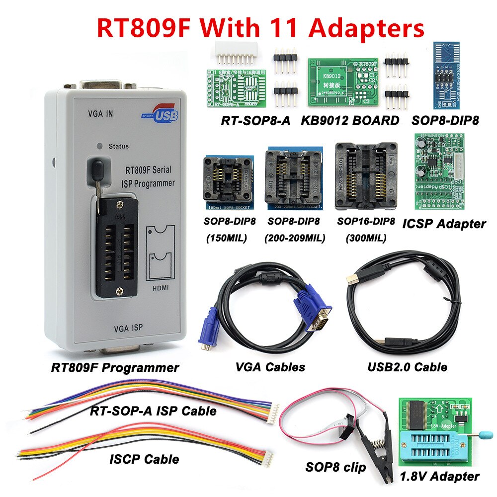 Newest RT809F ISP Programmer/ RT809 lcd usb programmer Repair Tools 24-25-93 serise IC with 12 adapters
