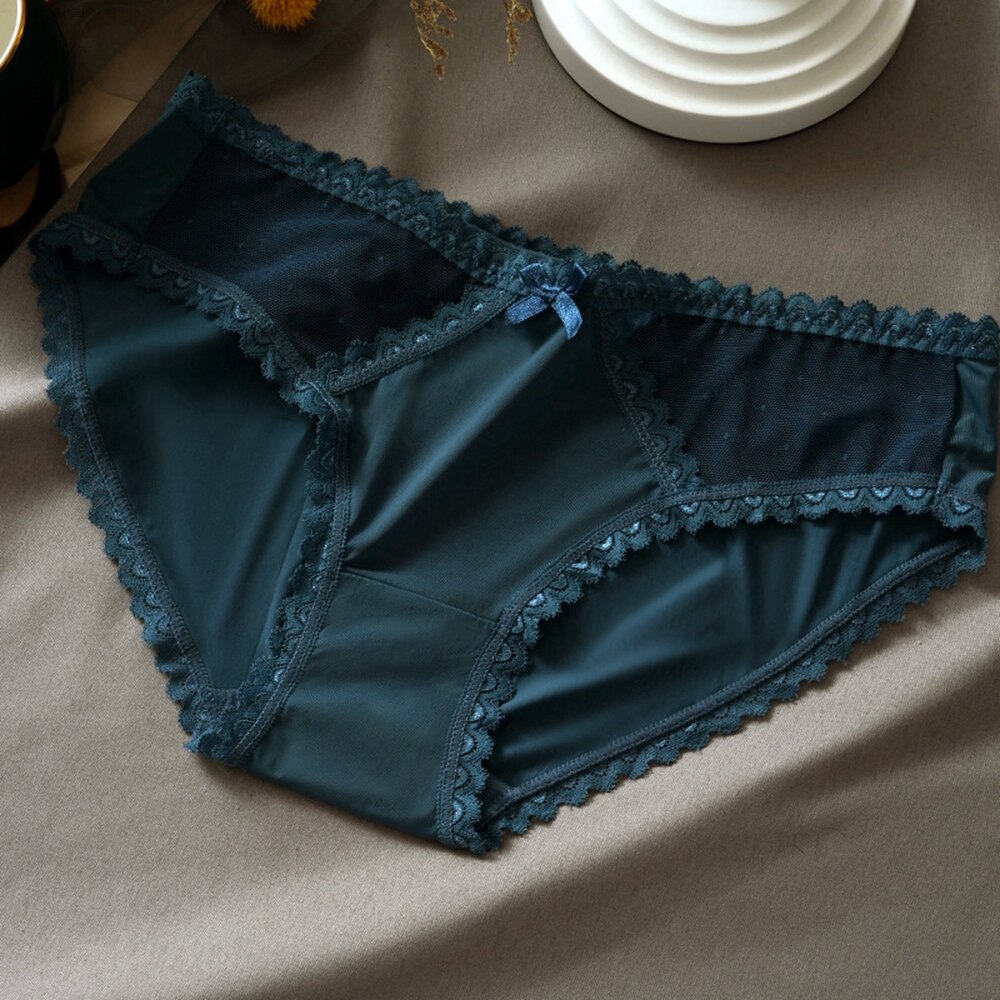 Women&#39;s Sexy Lace Underwear Panties Seamless Mid-low Waist Ultra-thin Panties Transparent Bow Ladies Panties Briefs: Dark green