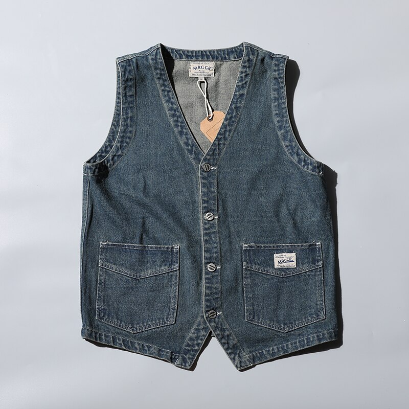 Retro Denim Vest Men Sleeveless Cargo Jacket Harajuku Style Tooling Jean Jacket Cowboy Wasitcoat Men'S Clothing