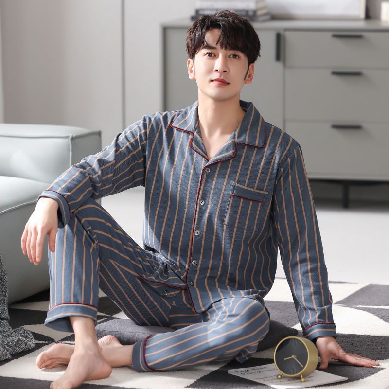 Bomuld herre efterår og vinter langærmet lange bukser midaldrende tynd del af pyjamas nattøj hjemmetøj jakkesæt loungewear