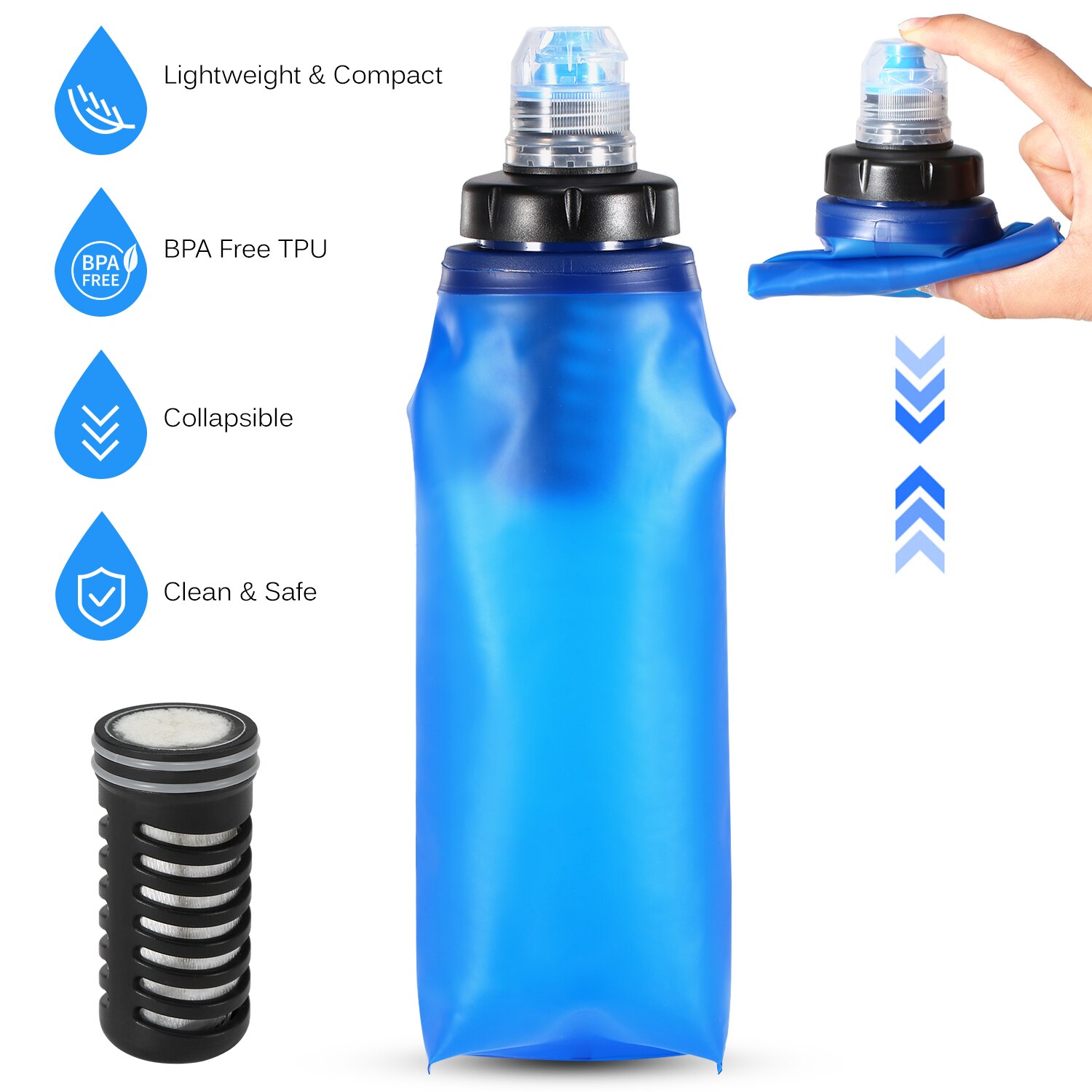 600ml Soft TPU Collapsible Water Filter Bottle with Water Filter Straw BPA Free Outdoor Filtered Water Bag for Camping Cycling