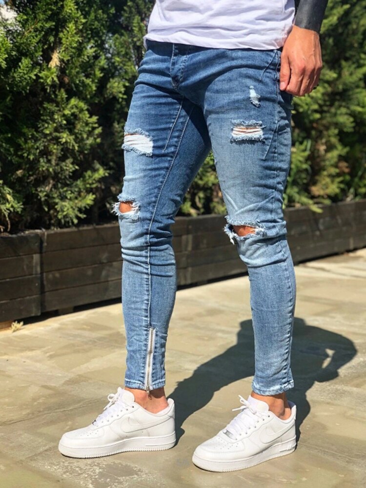 jeans alla caviglia strappati da uomo di alta qualità elasticizzati piccoli piedi nuovi jeans casuale fresco danneggiati con foro anca-salto