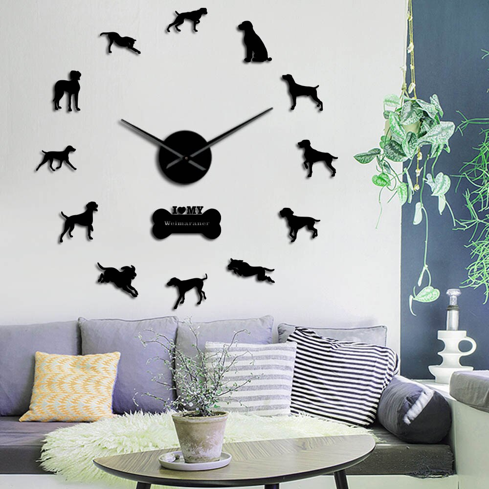 Modern Weimaraner Dog Breed 3D Acrylic DIY Wall Clock Doggie Canine Portrait Self Adhesive Wall Stickers Clock For Dog Lovers
