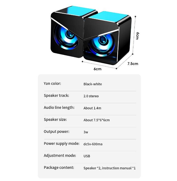 1 Pair Computer Speakers LED Colorful Luminous Wired Gaming Mini Speaker Desktop Laptop Accessory