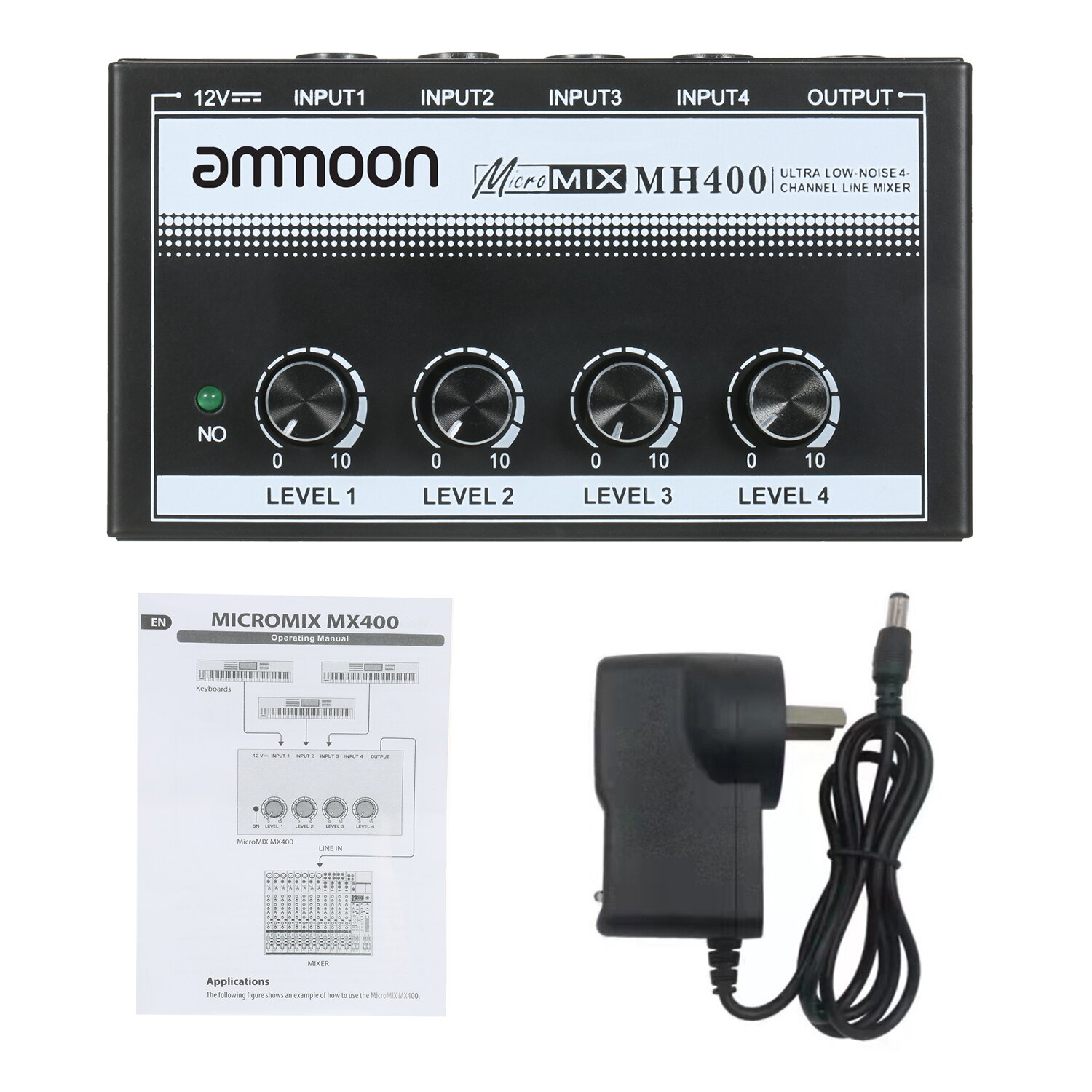 Ammoon MH400 miscelatore Audio a 4 canali a bassissimo rumore mini miscelatore Audio con ingressi TS da 1/4 pollici e controllo del volume di uscita per chitarra: AU spina