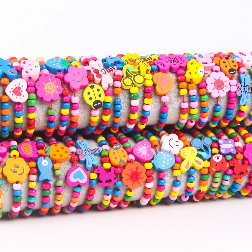 10Pcs Colorful wood beads Mixed lots Wooden Bracelets Wood Kid Girl Boy children Toy Child Party Bag fillers