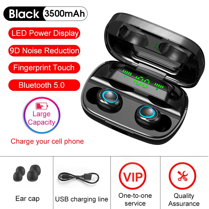 S11 tws bluetooth 5.0 fone de ouvido 3500mah caixa carregamento display led esportes à prova dwaterproof água fones toque redução ruído com microfone: S11 LED Black