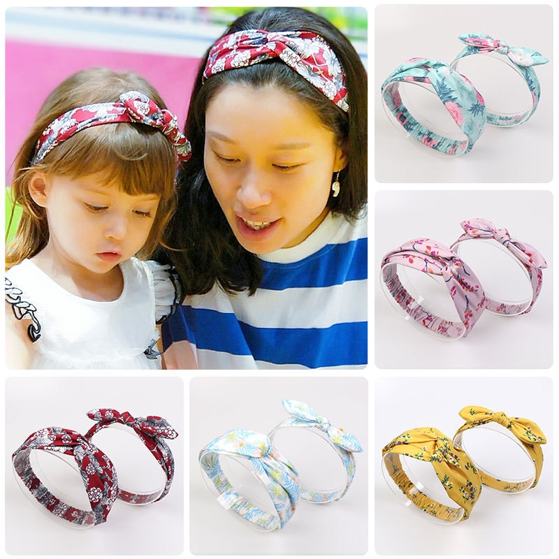 2pcs/Set Mommy and baby Floral Printing Headband Girl Mother Daughter Headbands Tie Knot Hairband Rabbit Ear Cotton Hairbands