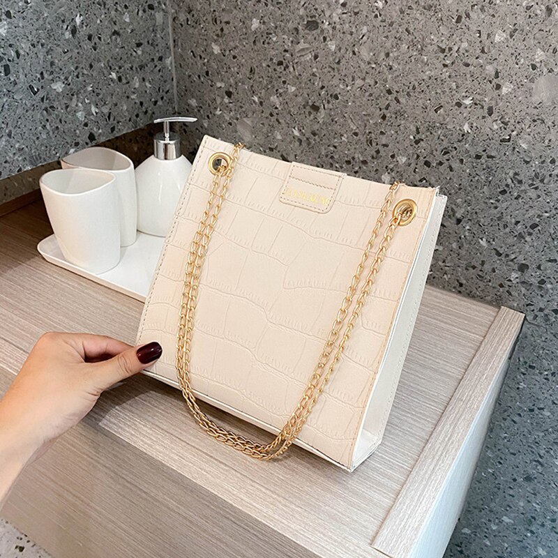 Frauen Eimer Schulter Taschen Krokodil aufbringen PU Leder Umhängetasche Einfarbig Kette Kleine Kreuz-Körper Tasche Für weibliche: WK-7772-Weiß