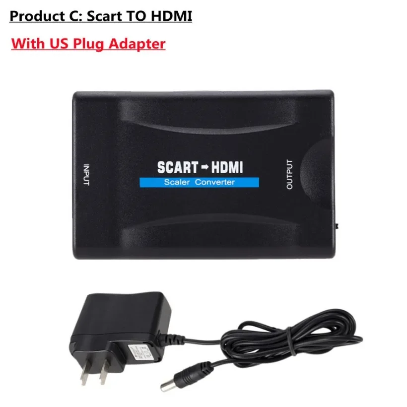 YIGETOHDE 1080P SCART naar HDMI-compatibele Video Audio Upscale Converter Adapter voor HD TV DVD Sky Box STB Plug en Play DC-kabel: Blauw