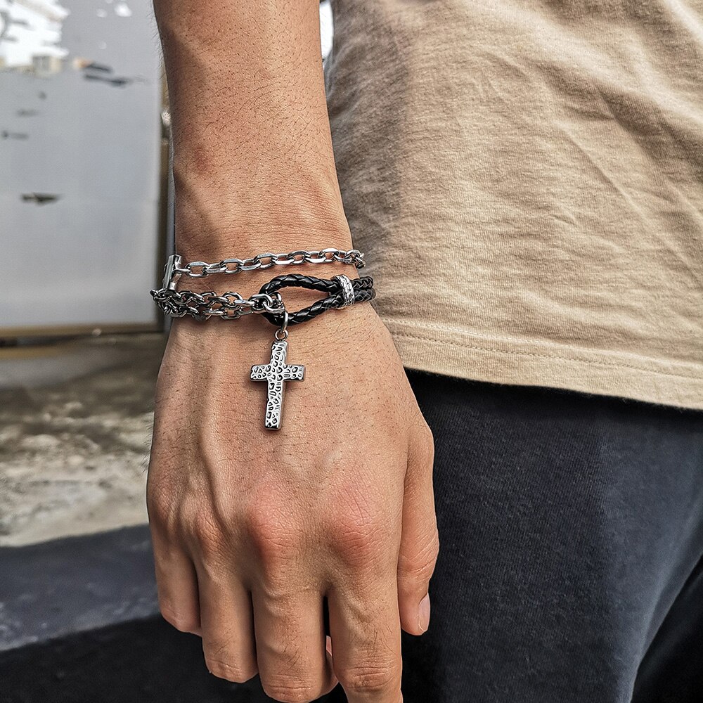 Rvs Armband Dubbele Gelaagde Cross Charm Lederen Armband Kabel Ketting Zwart Punk Polsband Voor Mannen Jongens DLB195