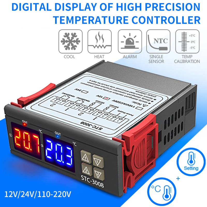 Dubbel digital inkubator termostat temperaturregulator  -3008 intelligent två reläutgångar värme kylning termoregulator