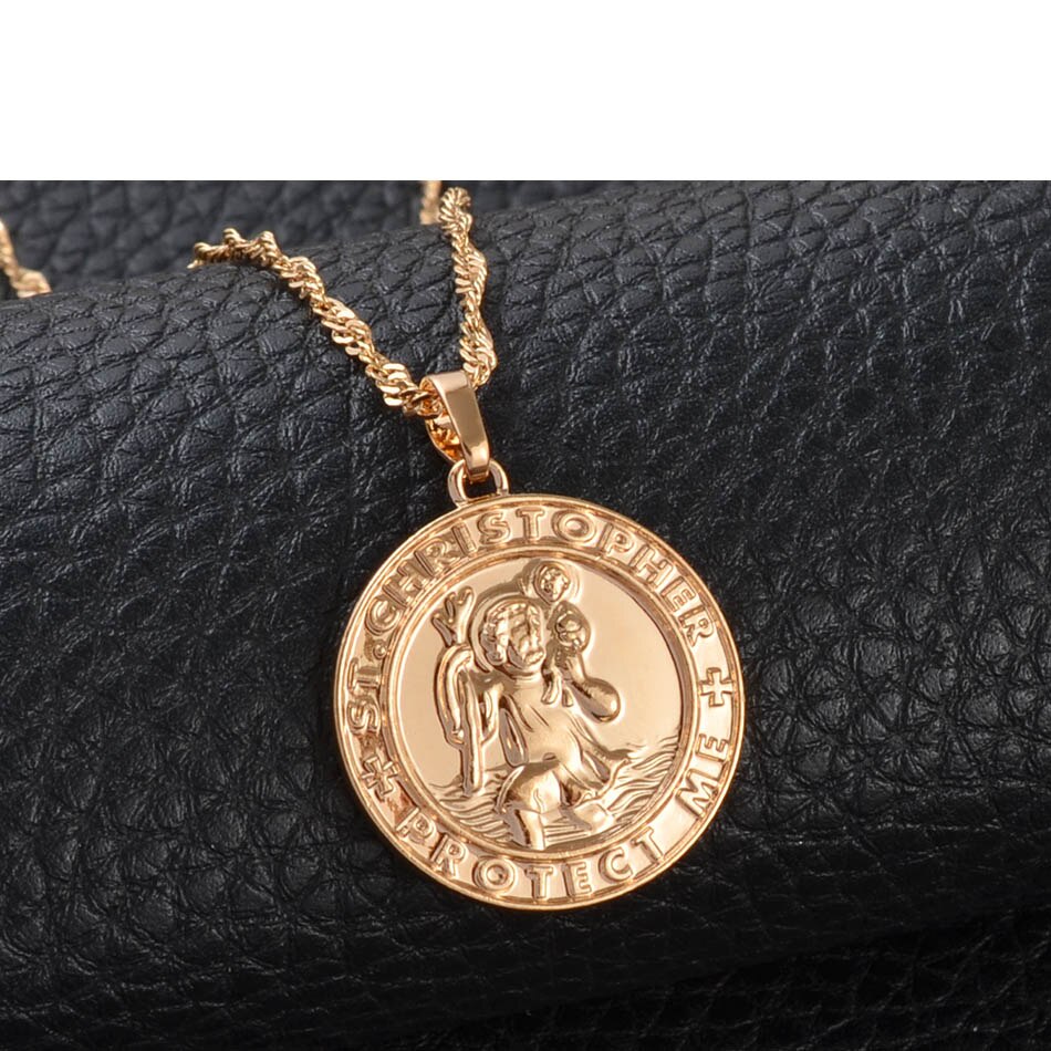 Anniyo st. christopher protect me halskæder til kvinder, lys guld/sølv farve saint christophe vedhæng religiøse smykker  #040904: Lys guldfarve / Med 45cm tynde kæder