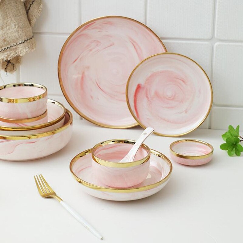 Double-sided Gilt Rim Pink Marble Pattern Porcelain Dinner Plate Salad Noodles Bowl Spoon Ceramic Kitchen Tableware 1Pcs