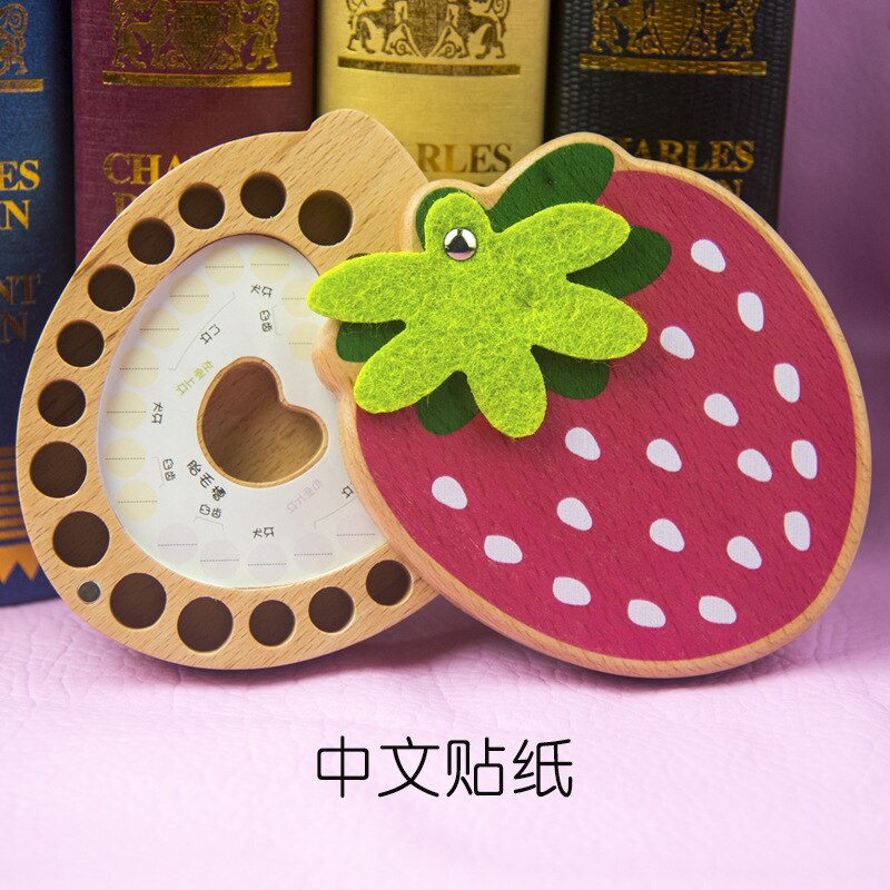 Fresa de madera bebé los dientes de bebé Lanugo dientes de almacenamiento caso colección Souvenirs caja: Strawberry Chinese Adhesive Paper