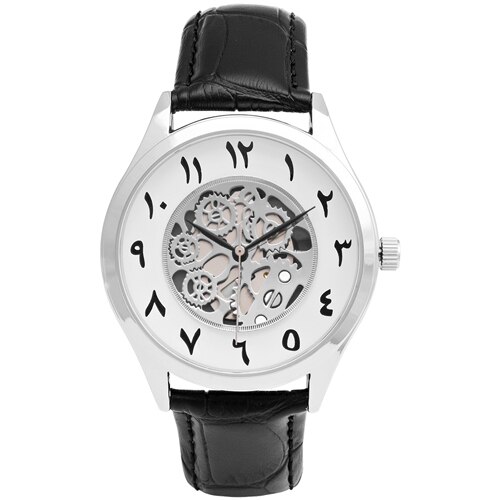 Montres arabes pour hommes, montre arabe en cuir, pour hommes: silver black