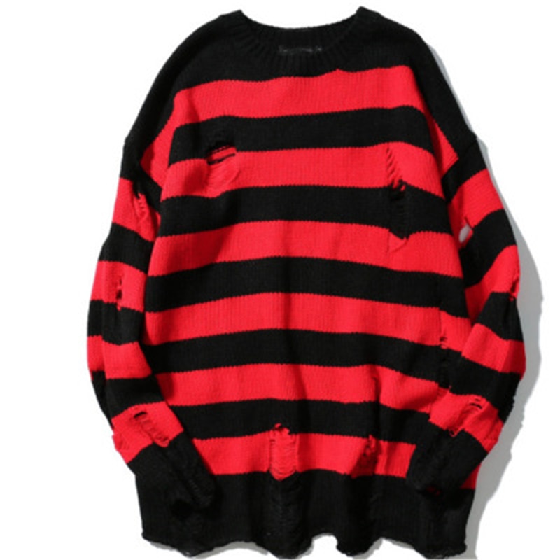 Svart rød stripete gensere vasket ødelagt revet genser menn hullstrikkegensere menn kvinner oversized genser harajuku
