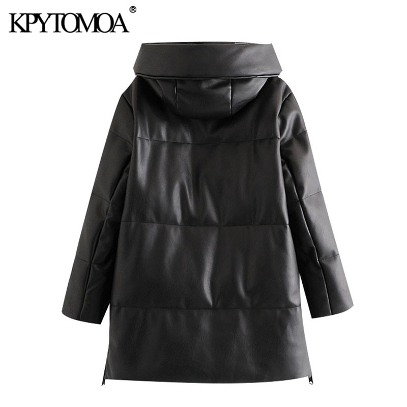 KPYTOMOA Women Thick Warm Winter Faux Leather Parkas Coat Vintage Hooded Long Sleeve Female Outerwear Chic Overcoat