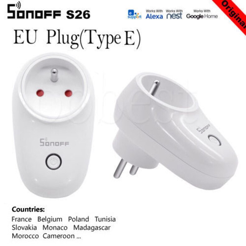 Sonoff S26 WiFi inteligente interruptor de la UE nos UK enchufe CN de automatización de casa inteligente Socket remoto Kit de trabajo con Alexa Google eWeLink